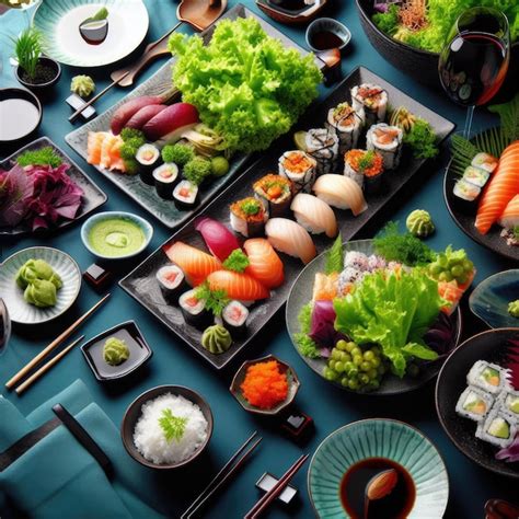 Mesa variada de sushi y platos calientes japoneses