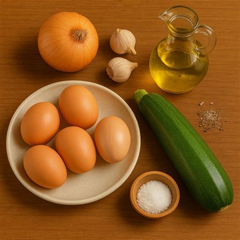 Ingredientes frescos para la tortilla: calabacín, cebolla y huevos