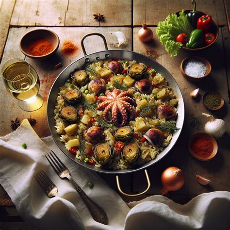 Paellera con arroz, pulpo y alcachofas