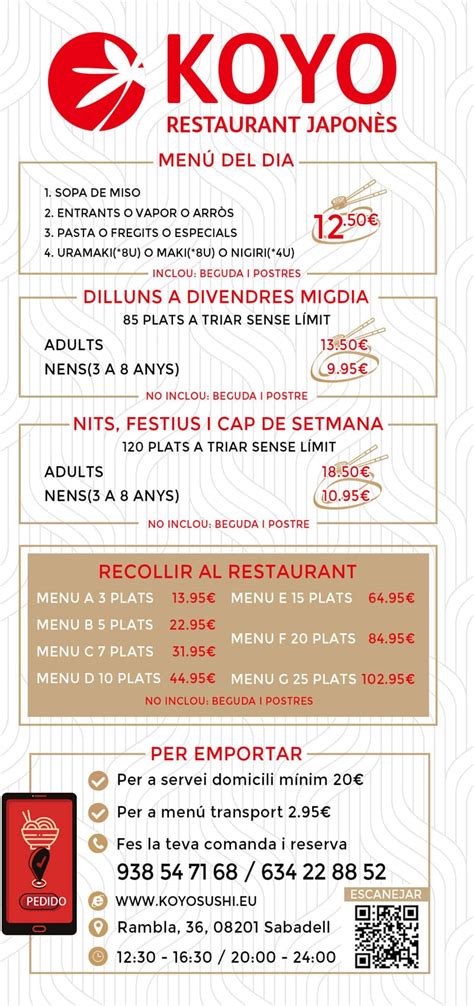Carta de sushi ilimitado en Koyo Sabadell