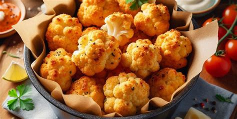 Plato de coliflor crujiente recién hecha en airfryer con especias