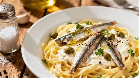 Pasta con salsa de anchoas lista para servir