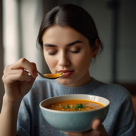 Mujer comiendo un plato de sopa saludable