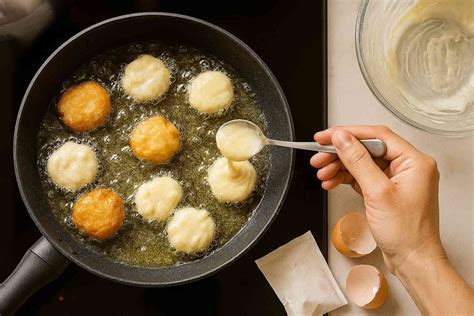 Buñuelos friéndose en una sartén con abundante aceite caliente