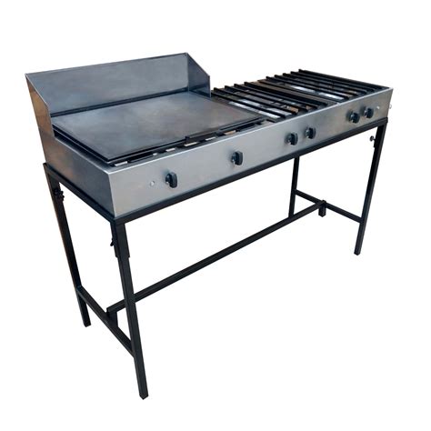 Barbacoa de gas con múltiples quemadores y mesa auxiliar