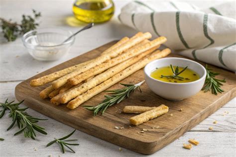 Grissini en un bol, acompañados de queso y hierbas