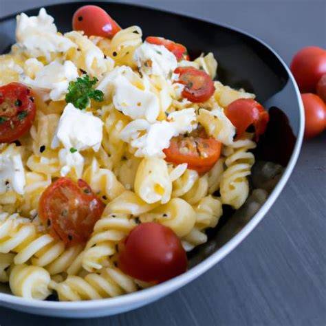 Plato de pasta con queso feta y tomates cherry
