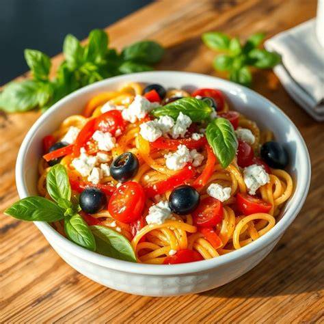 Pasta con diferentes tipos de verduras y queso feta