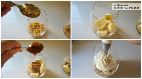Esquema de las capas de un Banoffee en vaso: galleta, plátano, dulce de leche y nata