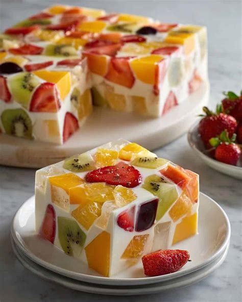 Decoración de postre de gelatina con frutas