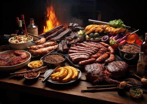 Mesa con variedad de carnes asadas y acompañamientos