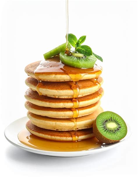 Pila de tortitas esponjosas decoradas con sirope y fruta fresca