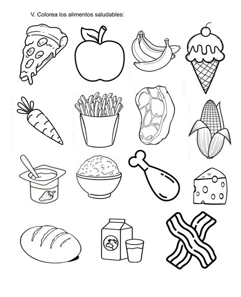 Mesa con varios dibujos de alimentos para colorear