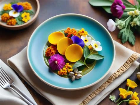 Crepes dorados decorados con flores comestibles