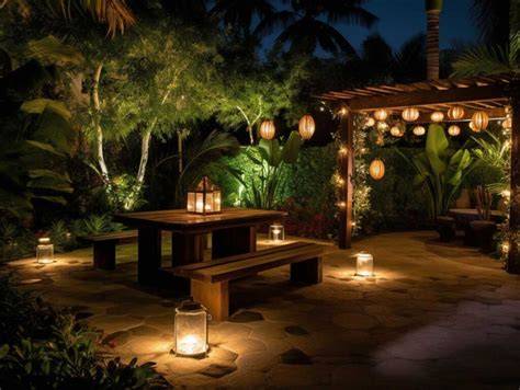 Patio trasero decorado con luces y un área de barbacoa, listo para una fiesta