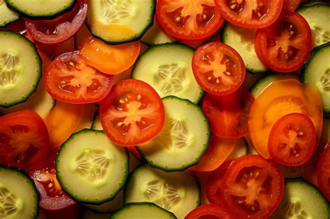 primer plano de pepino y tomate con aliño de hierbas