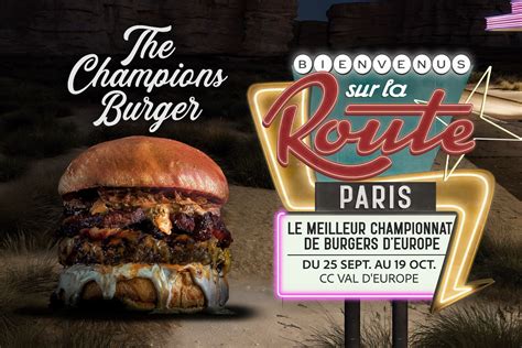 Infografía sobre la variedad de hamburguesas y actividades en The Champions Burger