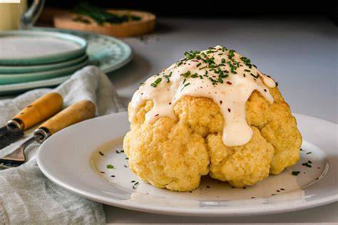 Coliflor asada con salsa de queso en un plato