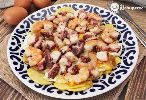 Pulpo al ajillo con langostinos emplatado