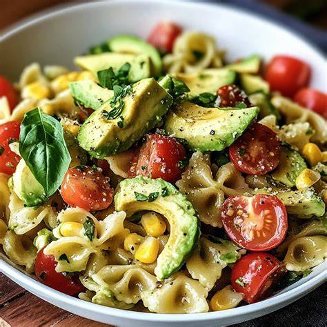 Ingredientes frescos para ensalada de pasta con aguacate