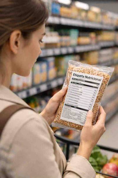Persona leyendo una etiqueta de alimentos en el supermercado