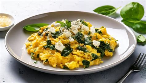 Mezcla de espinaca, huevos y queso en un cuenco