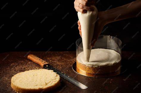 Una manga pastelera aplicando ganache para crear un borde en una capa de bizcocho.