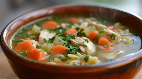 Un cuenco humeante de sopa de pollo con verduras