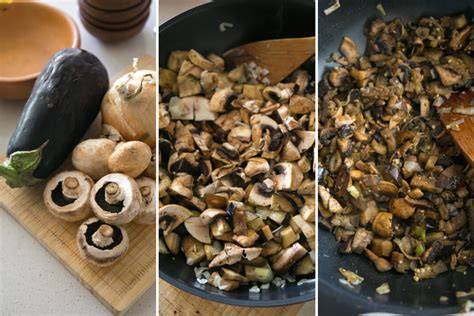 Ingredientes para el pino vegetariano: champiñones, cebolla, berenjenas, quinoa