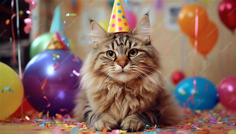Gato celebrando su cumpleaños con un gorrito festivo y un pastel pequeño
