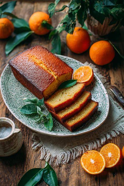 Bizcocho de naranja recién horneado y cortado