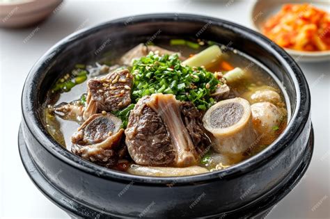 Tazón de Seolleongtang humeante con arroz y cebolletas