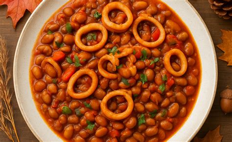 Plato humeante de guiso de alubias pintas con calamares