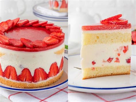 Tarta Fraisier en proceso de montaje con fresas y crema