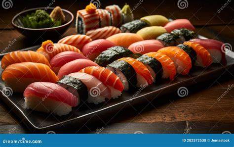 Platos variados de sushi y sashimi