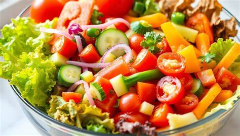 Ensaladas frescas y variadas con ingredientes coloridos