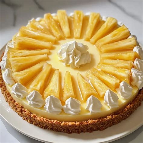 Tarta de piña fría con base de galleta y trozos de fruta fresca