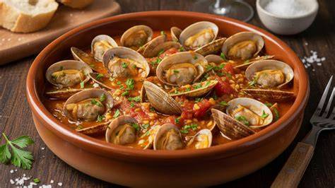 Plato de almejas a la marinera con pan