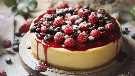 Tarta con relleno de crema de queso y frutos rojos