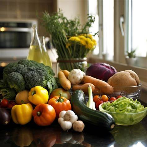 frutas y verduras frescas junto a una Thermomix en la cocina
