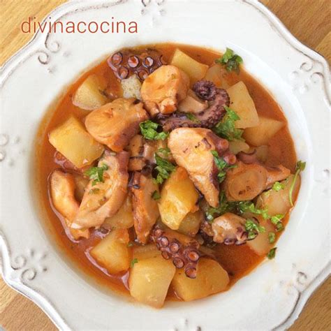 Pulpo estofado con patatas en una cazuela