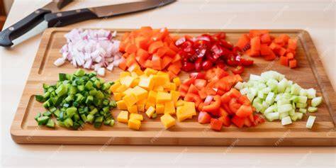 Tabla de cortar con diferentes tipos de verduras picadas