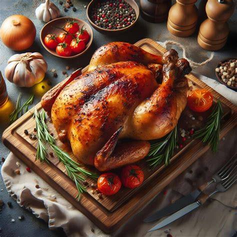Pollo asado entero en una tabla de cortar con cuchillo