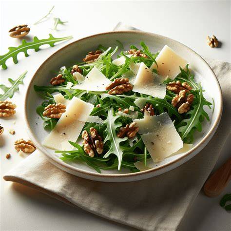Ingredientes frescos para la salsa: rúcula, nueces, queso parmesano y aceite de oliva
