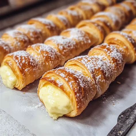 Palos de nata rellenos y espolvoreados con azúcar glas