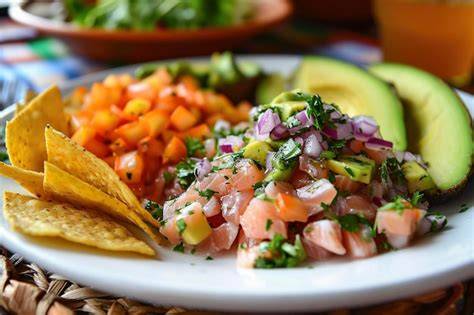 Plato de ceviche de pollo servido con acompañamientos