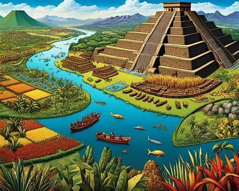 Ilustración de la cultura azteca y sus alimentos