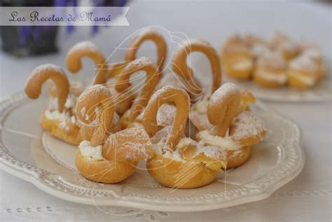 Cisnes de pasta choux rellenos de nata