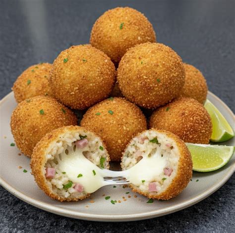 Bolitas de arroz con queso mozzarella doradas en freidora de aire