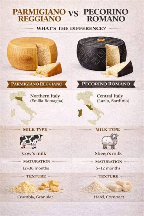 Tipos de queso Parmigiano Reggiano, Pecorino Romano y Grana Padano